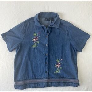 Jane Ashley Button Up‎ Chambray Shirt Women's XL Plus Blue Floral Short Sleeves